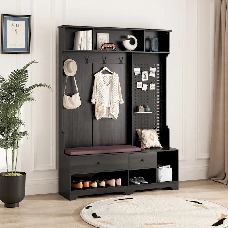 Multi-purpose Hallway Hall Tree with Removable Linen Cushioned Entryway Bench, Coat Rack, Storage Shelves, and DIY Pegboard