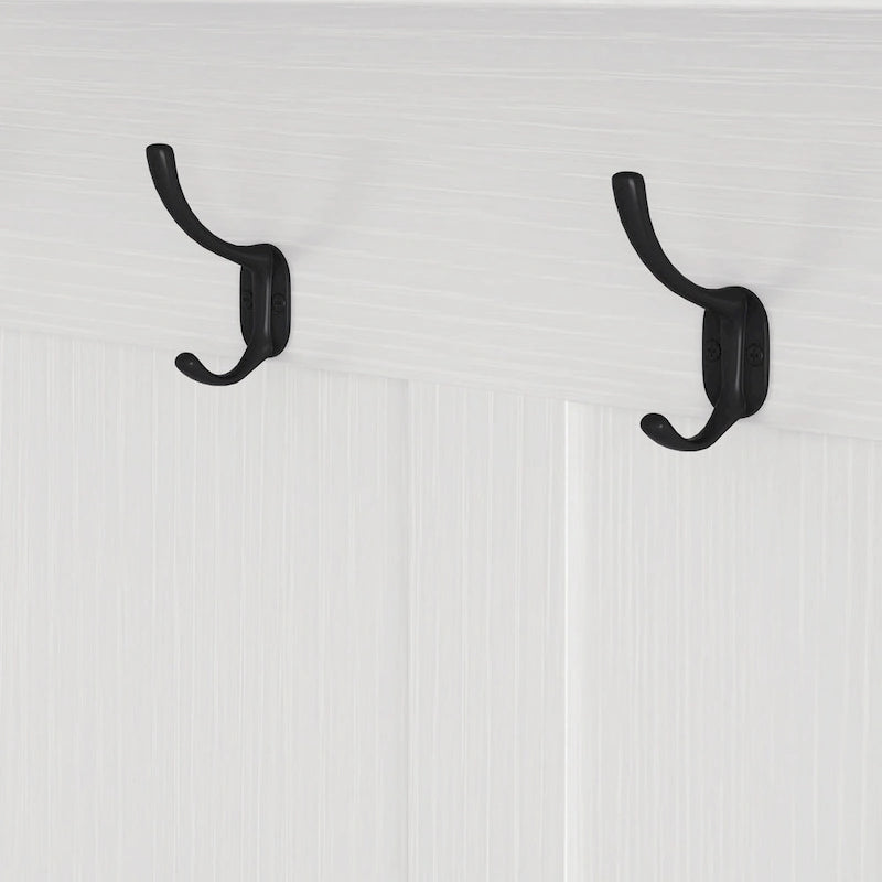 Panca con scarpiera da ingresso con cuscino, appendiabiti, mensole, cassetti e pannello forato