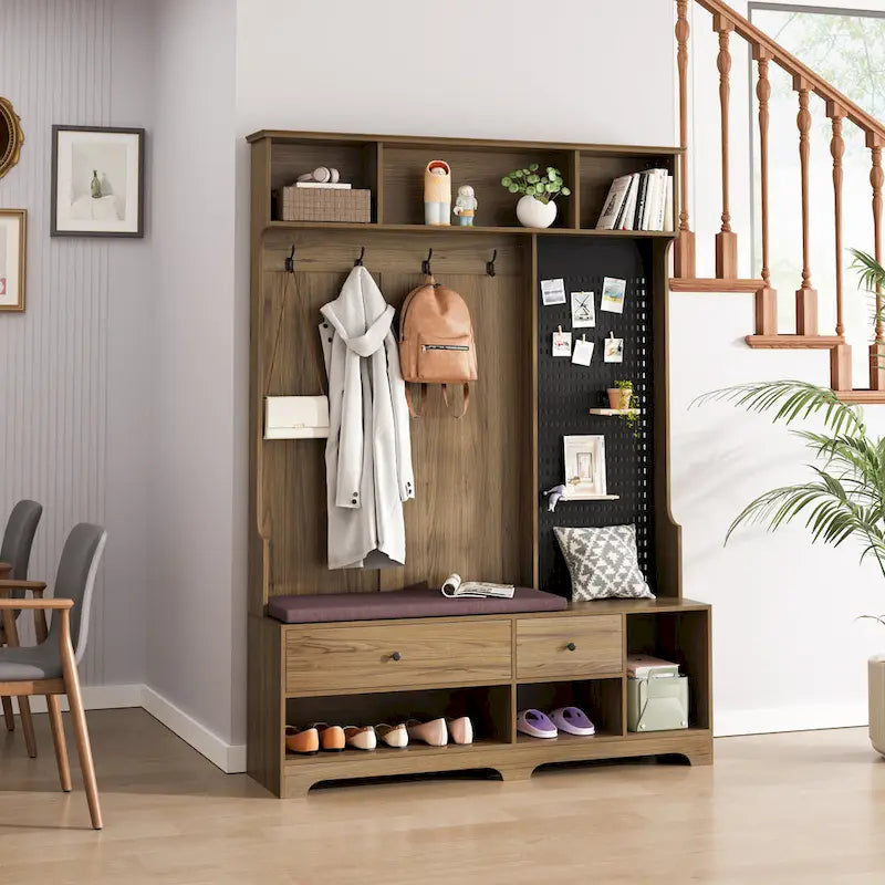 Panca con scarpiera da ingresso con cuscino, appendiabiti, mensole, cassetti e pannello forato