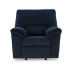 Poltrona reclinabile a dondolo in velluto a coste blu navy con braccioli imbottiti