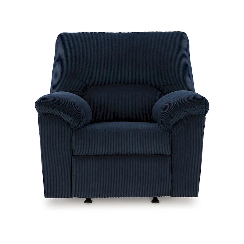 Poltrona reclinabile a dondolo in velluto a coste blu navy con braccioli imbottiti