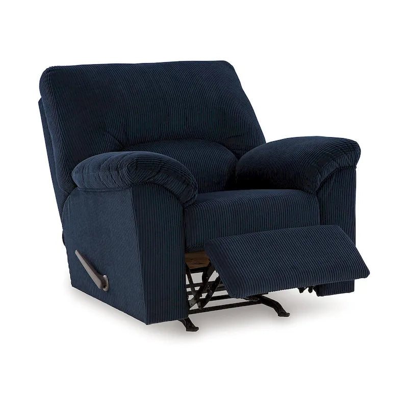 Poltrona reclinabile a dondolo in velluto a coste blu navy con braccioli imbottiti