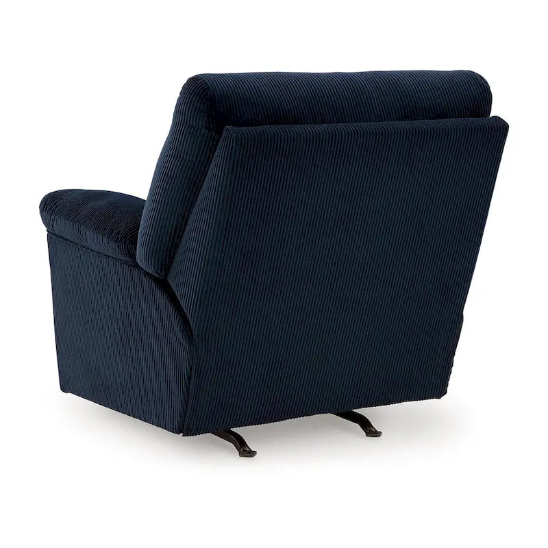 Poltrona reclinabile a dondolo in velluto a coste blu navy con braccioli imbottiti