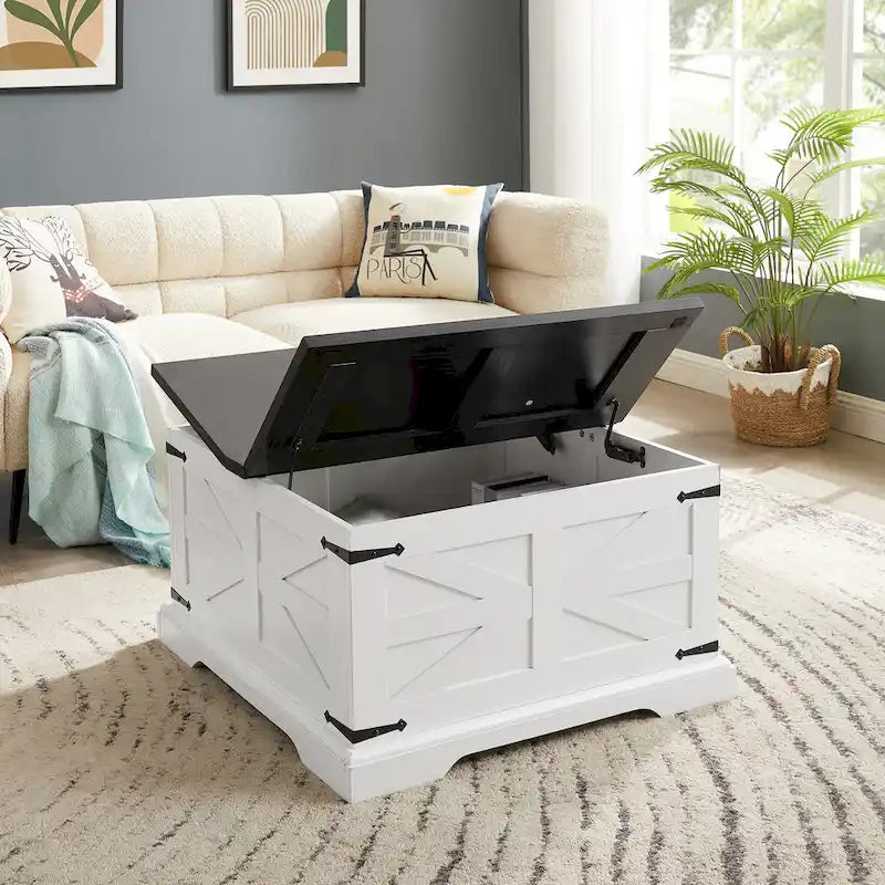 Tavolino da caffè contenitore quadrato con piano apribile a cerniera – Stile rustico