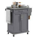 Carrello da Cucina con Isola e Ruote, Piano in Acciaio Inossidabile, Cassetto, Portaspezie e Portasciugamani