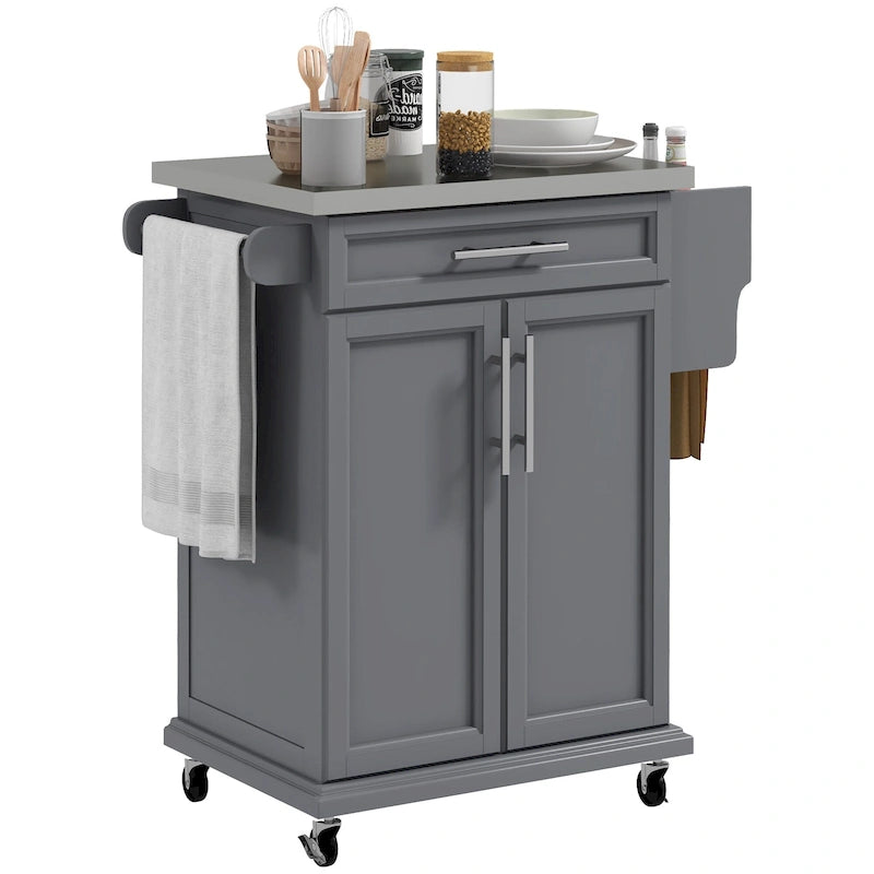Carrello da Cucina con Isola e Ruote, Piano in Acciaio Inossidabile, Cassetto, Portaspezie e Portasciugamani