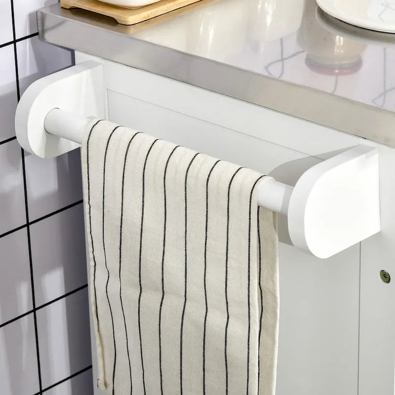 Carrello da Cucina con Isola e Ruote, Piano in Acciaio Inossidabile, Cassetto, Portaspezie e Portasciugamani