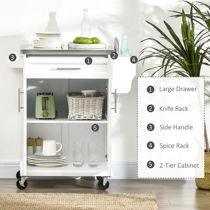 Carrello da Cucina con Isola e Ruote, Piano in Acciaio Inossidabile, Cassetto, Portaspezie e Portasciugamani