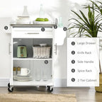 Carrello da Cucina con Isola e Ruote, Piano in Acciaio Inossidabile, Cassetto, Portaspezie e Portasciugamani