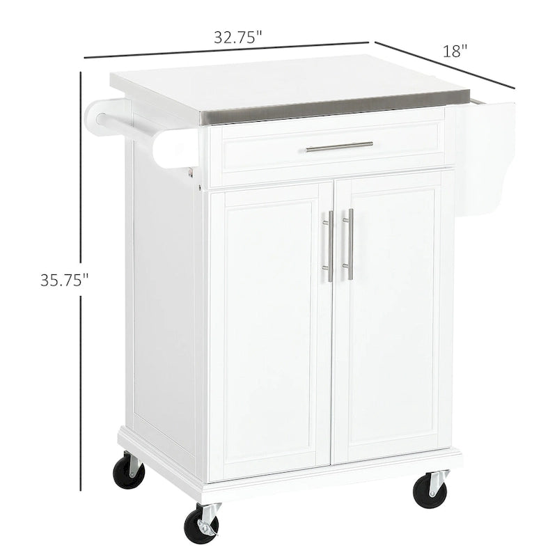 Carrello da Cucina con Isola e Ruote, Piano in Acciaio Inossidabile, Cassetto, Portaspezie e Portasciugamani