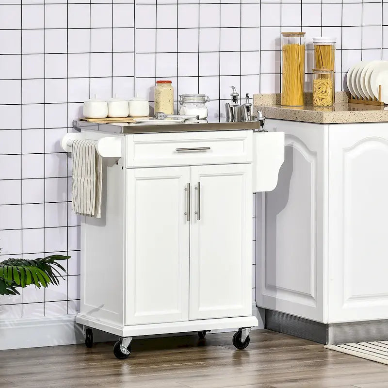 Carrello da Cucina con Isola e Ruote, Piano in Acciaio Inossidabile, Cassetto, Portaspezie e Portasciugamani