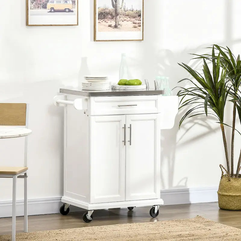Carrello da Cucina con Isola e Ruote, Piano in Acciaio Inossidabile, Cassetto, Portaspezie e Portasciugamani