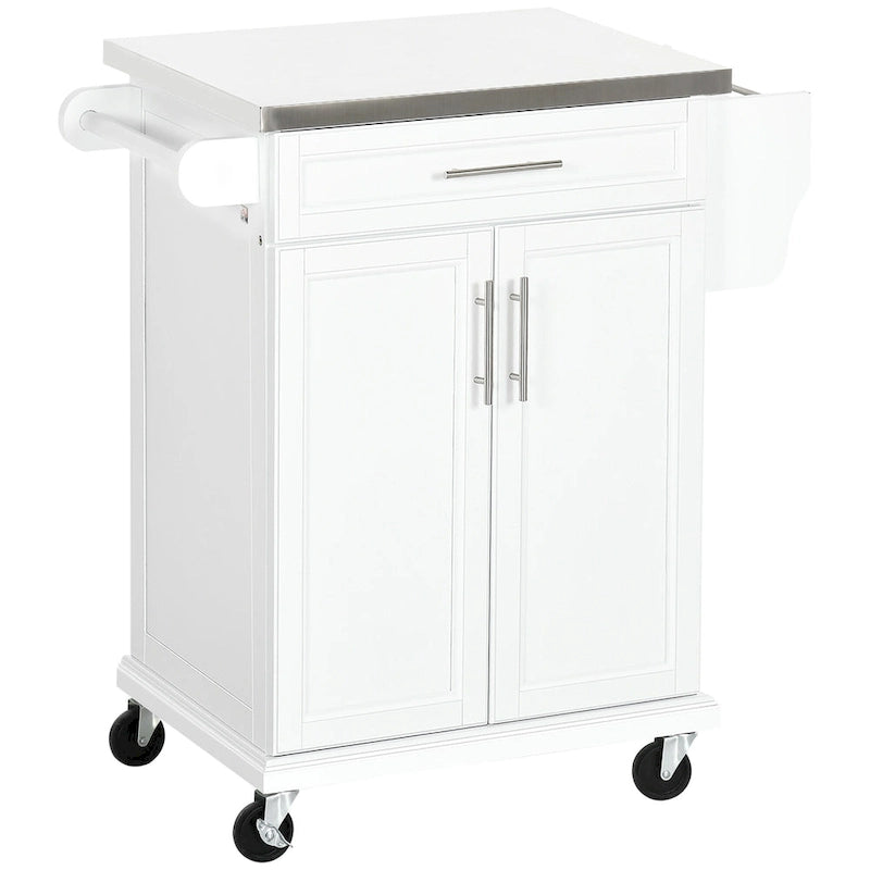 Carrello da Cucina con Isola e Ruote, Piano in Acciaio Inossidabile, Cassetto, Portaspezie e Portasciugamani