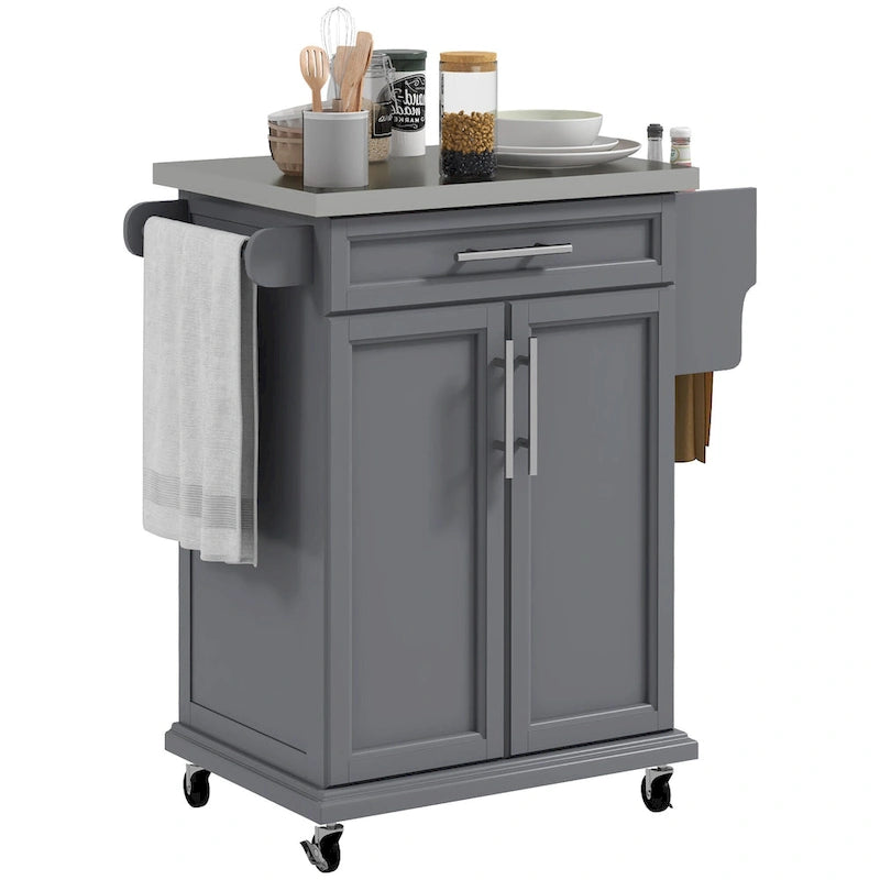 Carrello da Cucina con Isola e Ruote, Piano in Acciaio Inossidabile, Cassetto, Portaspezie e Portasciugamani