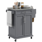 Carrello da Cucina con Isola e Ruote, Piano in Acciaio Inossidabile, Cassetto, Portaspezie e Portasciugamani