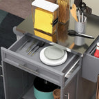 Carrello da Cucina con Isola e Ruote, Piano in Acciaio Inossidabile, Cassetto, Portaspezie e Portasciugamani