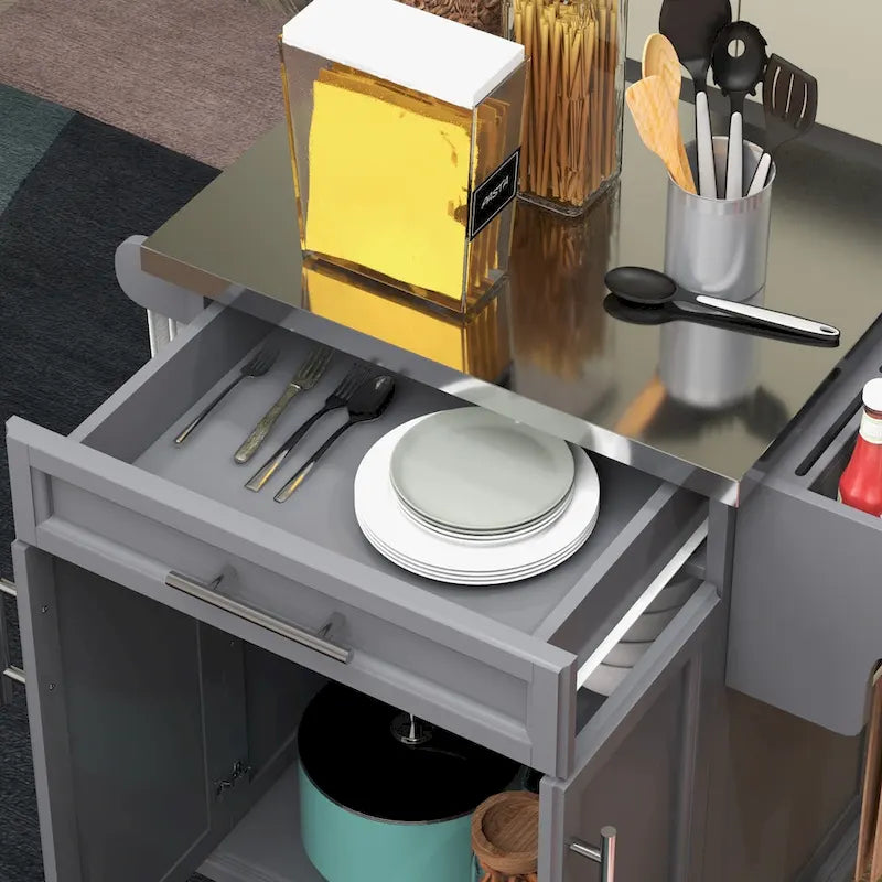 Carrello da Cucina con Isola e Ruote, Piano in Acciaio Inossidabile, Cassetto, Portaspezie e Portasciugamani