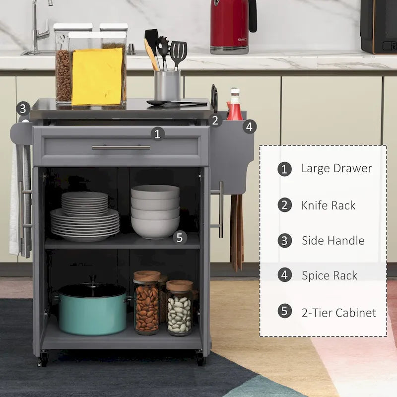 Carrello da Cucina con Isola e Ruote, Piano in Acciaio Inossidabile, Cassetto, Portaspezie e Portasciugamani