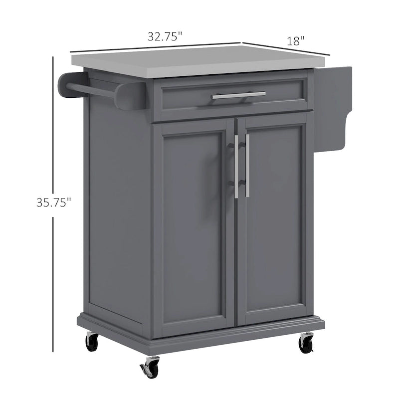 Carrello da Cucina con Isola e Ruote, Piano in Acciaio Inossidabile, Cassetto, Portaspezie e Portasciugamani