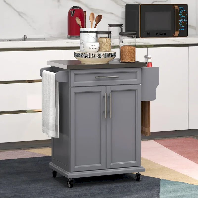Carrello da Cucina con Isola e Ruote, Piano in Acciaio Inossidabile, Cassetto, Portaspezie e Portasciugamani
