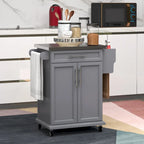 Carrello da Cucina con Isola e Ruote, Piano in Acciaio Inossidabile, Cassetto, Portaspezie e Portasciugamani