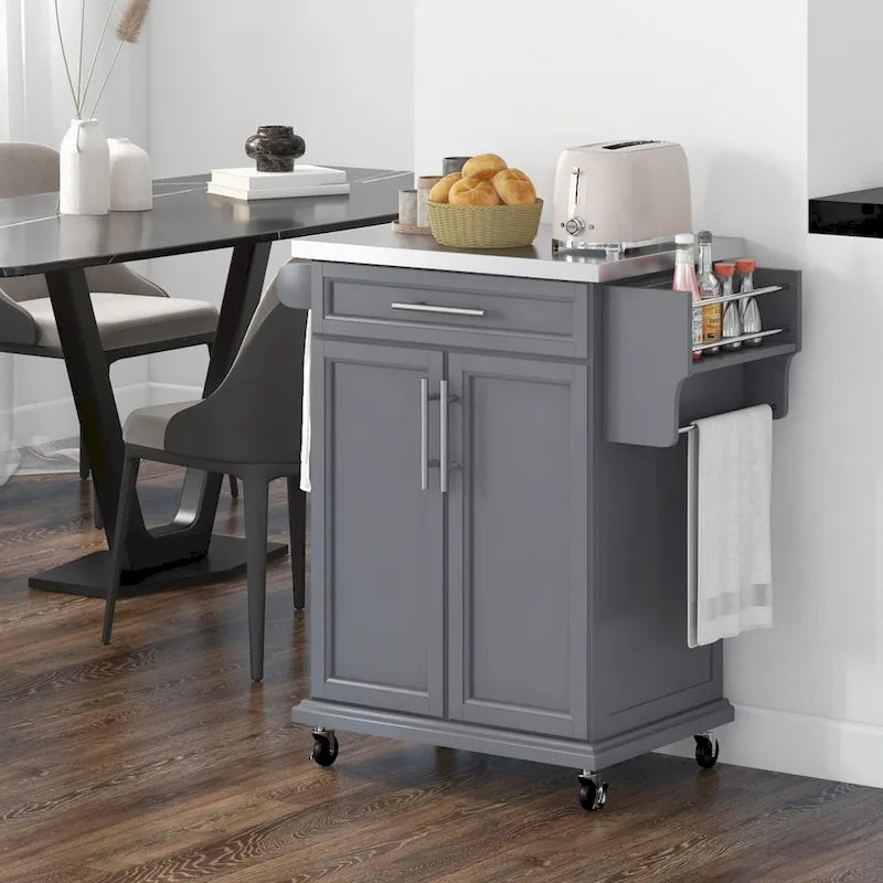 Carrello da Cucina con Isola e Ruote, Piano in Acciaio Inossidabile, Cassetto, Portaspezie e Portasciugamani