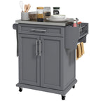 Carrello da Cucina con Isola e Ruote, Piano in Acciaio Inossidabile, Cassetto, Portaspezie e Portasciugamani