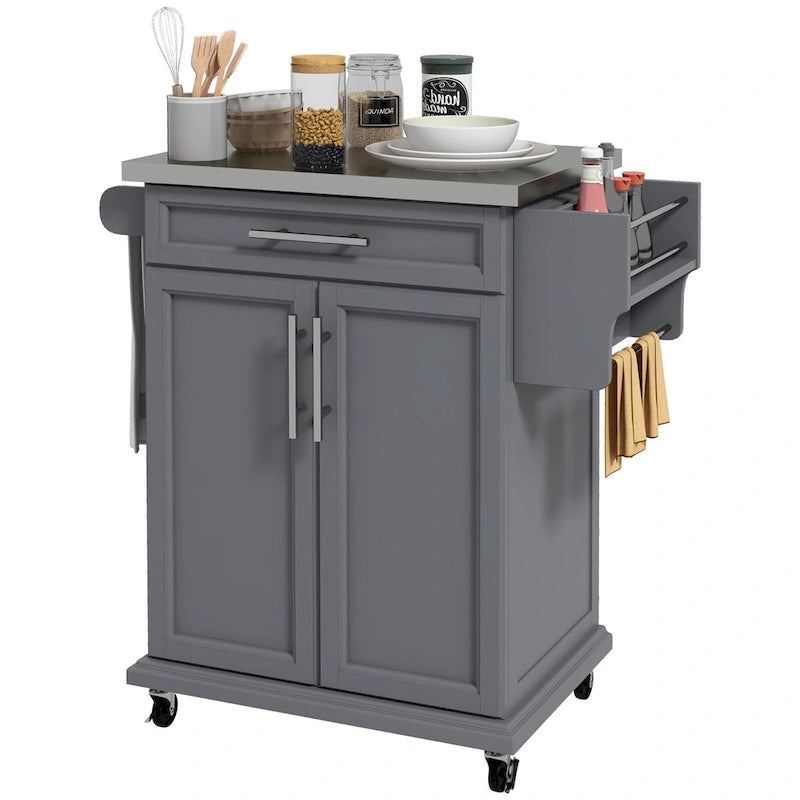 Carrello da Cucina con Isola e Ruote, Piano in Acciaio Inossidabile, Cassetto, Portaspezie e Portasciugamani