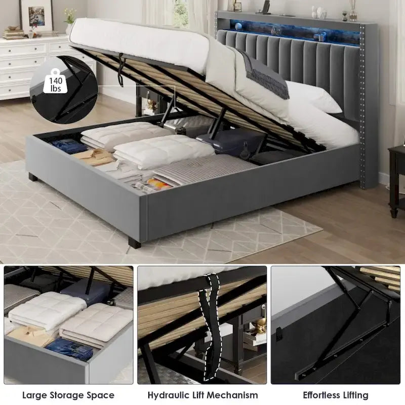 Letto Contenitore con Apertura a Gas e Testiera a LED