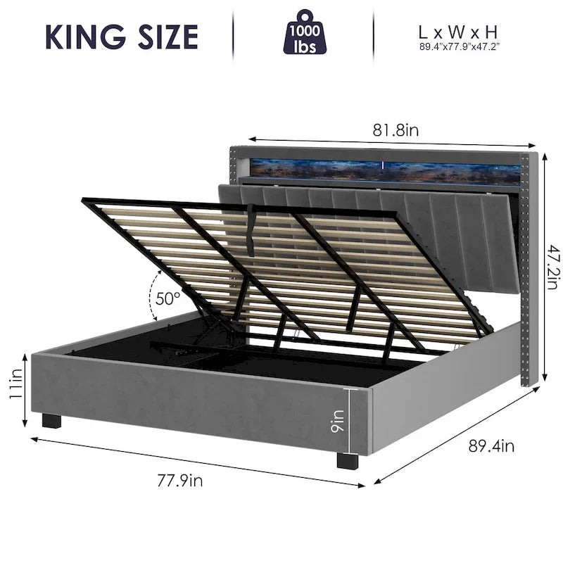 Letto Contenitore con Apertura a Gas e Testiera a LED
