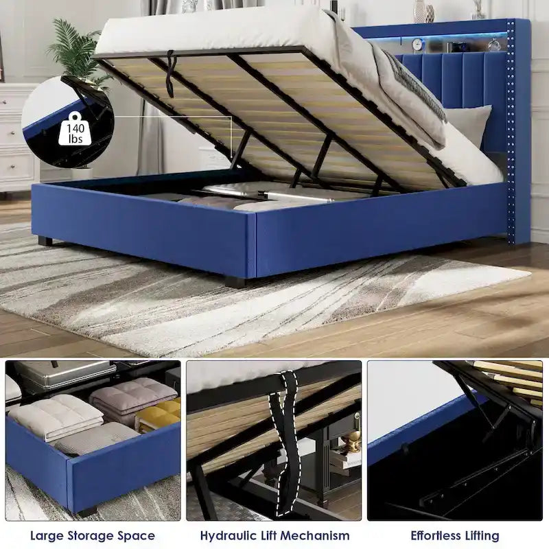 Letto Contenitore con Apertura a Gas e Testiera a LED