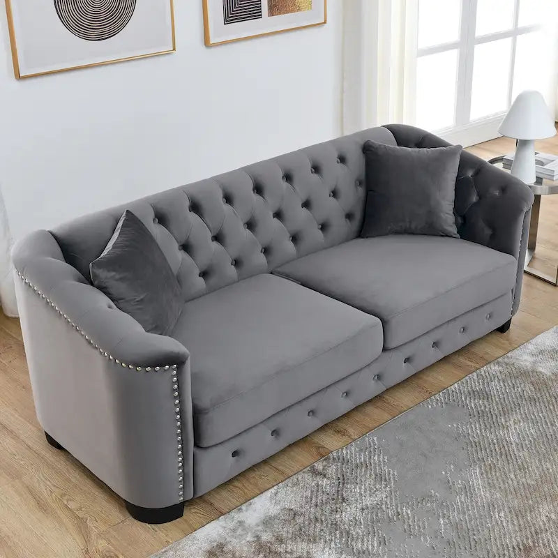 Divano Chesterfield Classico in Velluto Capitonnè - 3 Posti, Grigio