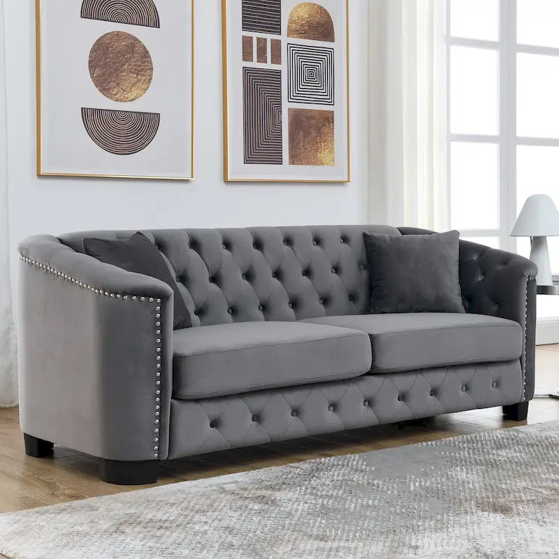 Divano Chesterfield Classico in Velluto Capitonnè - 3 Posti, Grigio