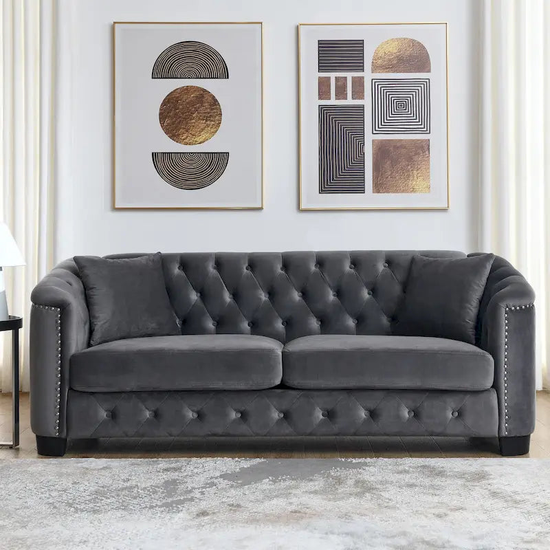 Divano Chesterfield Classico in Velluto Capitonnè - 3 Posti, Grigio