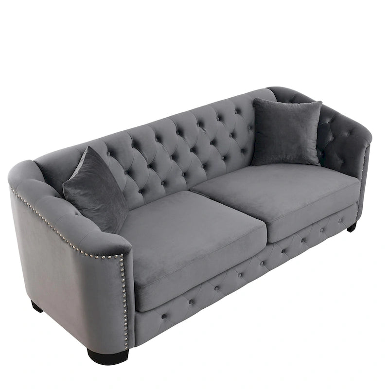 Divano Chesterfield Classico in Velluto Capitonnè - 3 Posti, Grigio