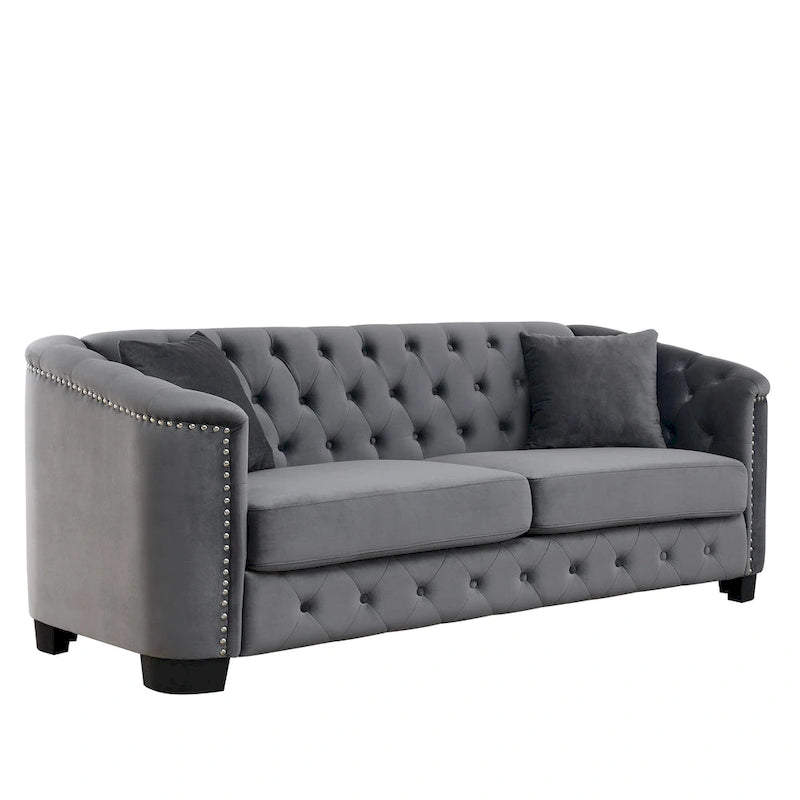 Divano Chesterfield Classico in Velluto Capitonnè - 3 Posti, Grigio