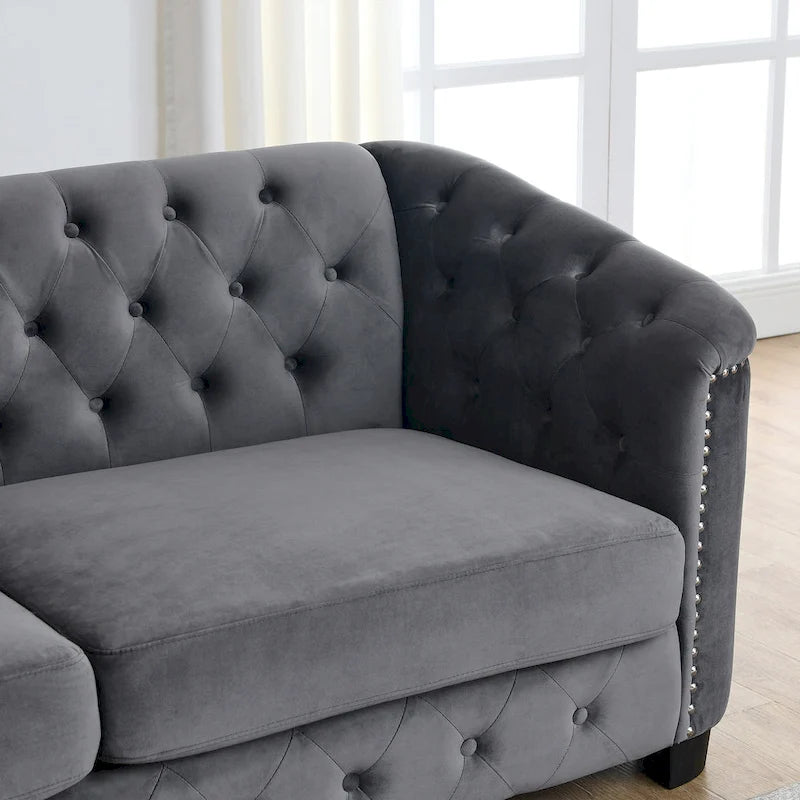 Divano Chesterfield Classico in Velluto Capitonnè - 3 Posti, Grigio
