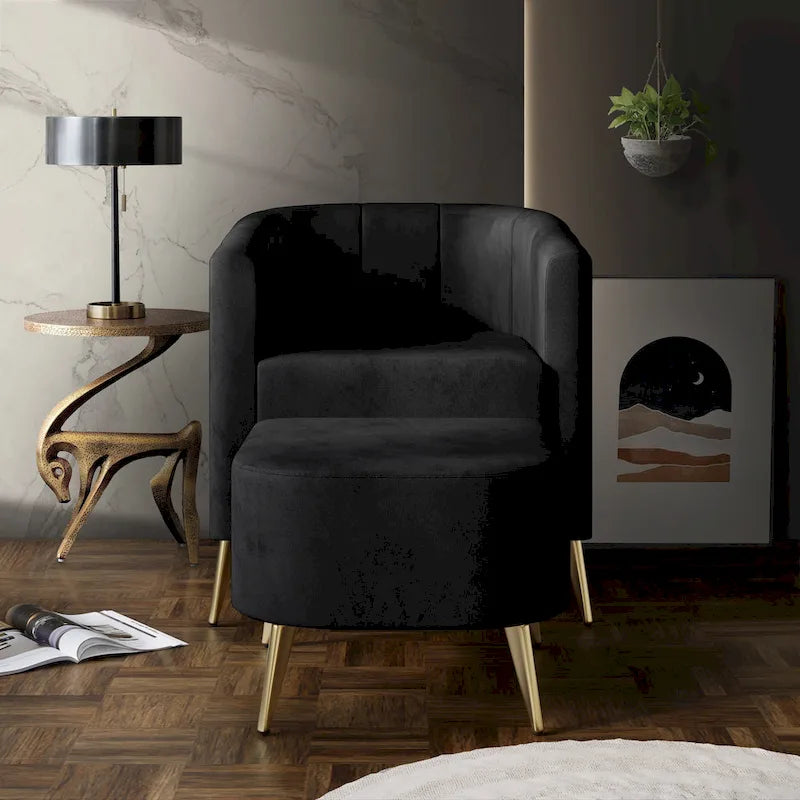 Poltrona Accent in Velluto a Botte Rotonda con Pouf