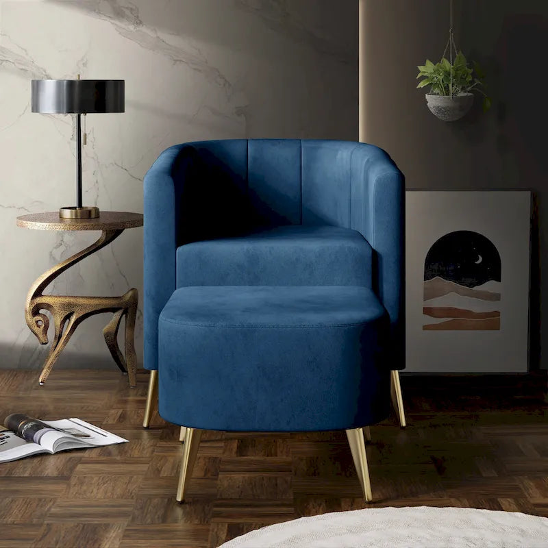 Poltrona Accent in Velluto a Botte Rotonda con Pouf
