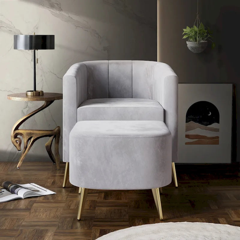 Poltrona Accent in Velluto a Botte Rotonda con Pouf