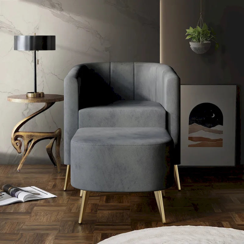 Poltrona Accent in Velluto a Botte Rotonda con Pouf