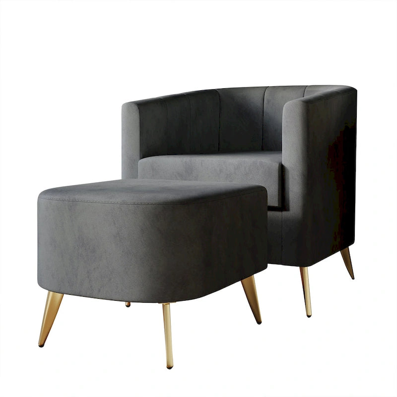 Poltrona Accent in Velluto a Botte Rotonda con Pouf