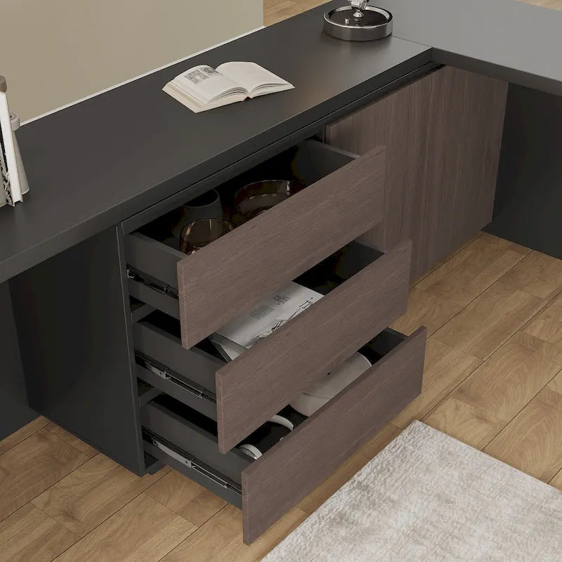 Scrivania a L per ufficio domestico con cassetti e mobiletto contenitore