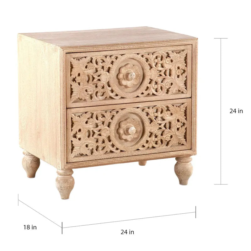 Cassettiera da notte in legno di mango con 2 cassetti