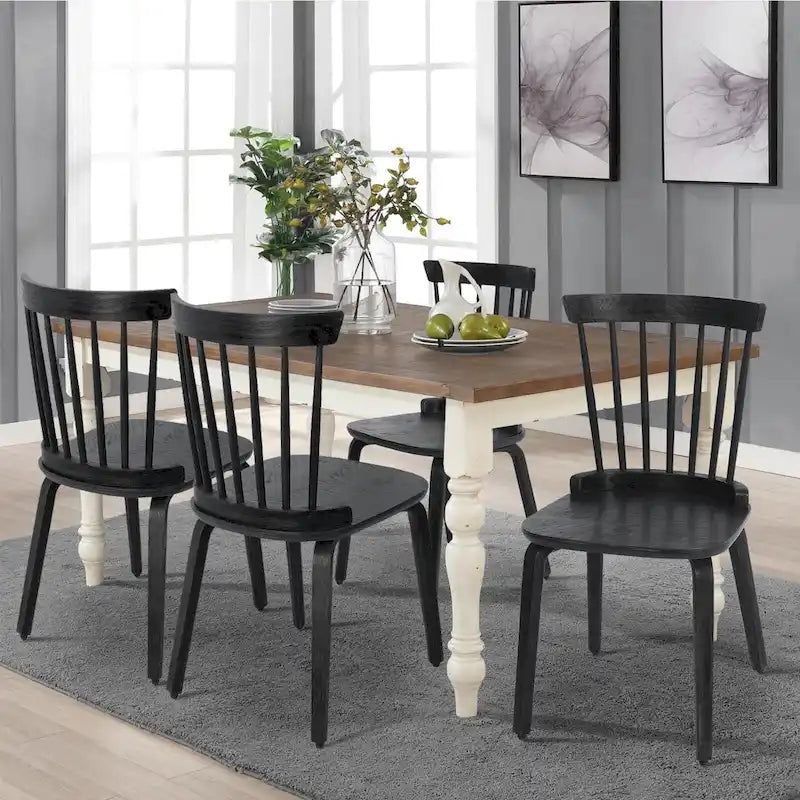 Set di sedie da pranzo con schienale a fusi in legno massello e gambe in legno curvato, nero