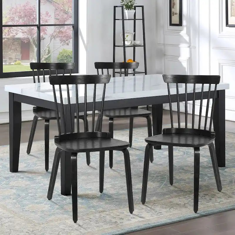 Set di sedie da pranzo con schienale a fusi in legno massello e gambe in legno curvato, nero
