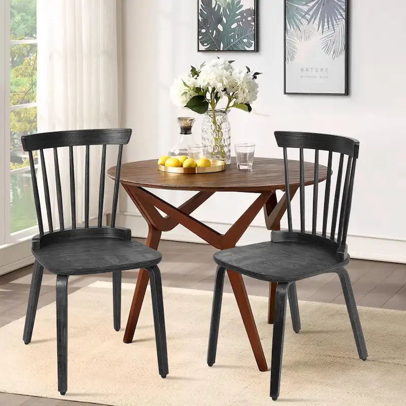 Set di sedie da pranzo con schienale a fusi in legno massello e gambe in legno curvato, nero