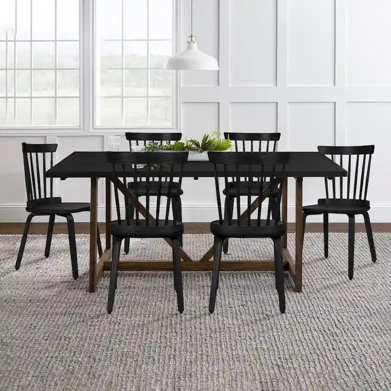 Set di sedie da pranzo con schienale a fusi in legno massello e gambe in legno curvato, nero