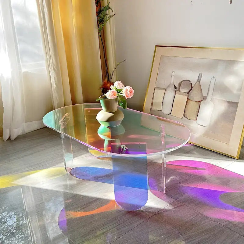 Tavolino Iridescente in Acrilico – Tavolino d'Appoggio Arcobaleno Trasparente 38x20x15