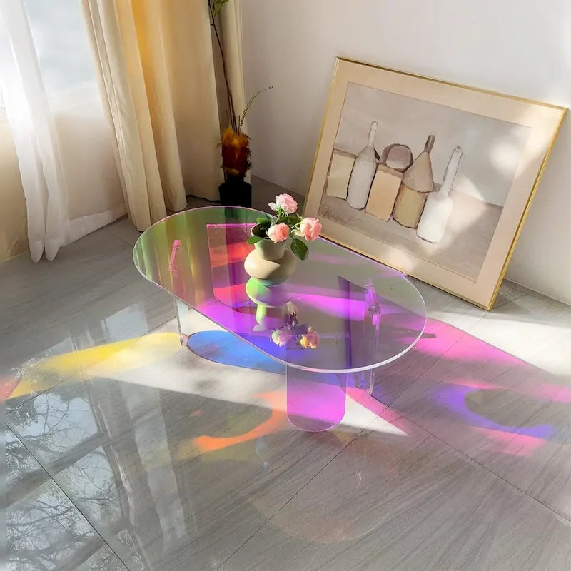 Tavolino Iridescente in Acrilico – Tavolino d'Appoggio Arcobaleno Trasparente 38x20x15